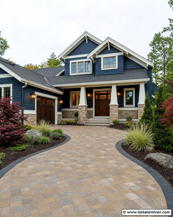 Navy Blue House With Tan Paver Driveway - 30 Navy Blue House Design With Driveway Ideas