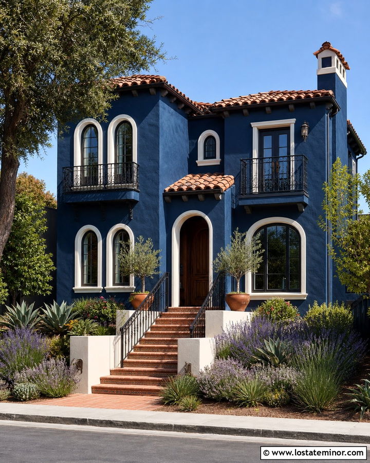 Navy Blue House With Terracotta Tile Steps - 30 Navy Blue House Design With Steps Ideas