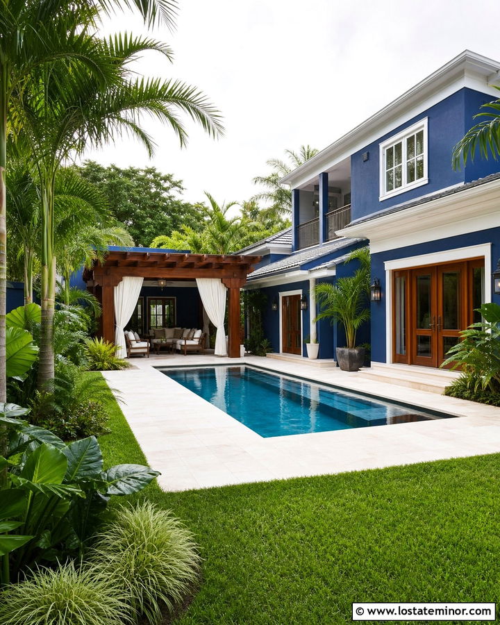Navy Blue House With Tropical Pool Landscaping - 30 Navy Blue House Design With Swimming Pool Ideas