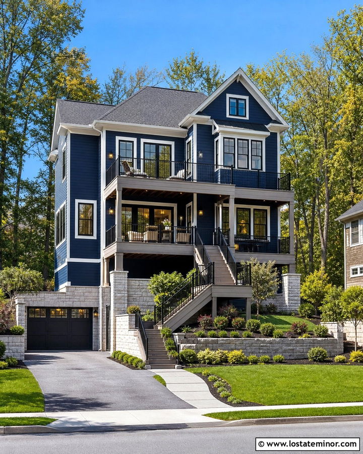Navy Blue House With Two Level Deck - 30 Navy Blue House Design With Deck Ideas