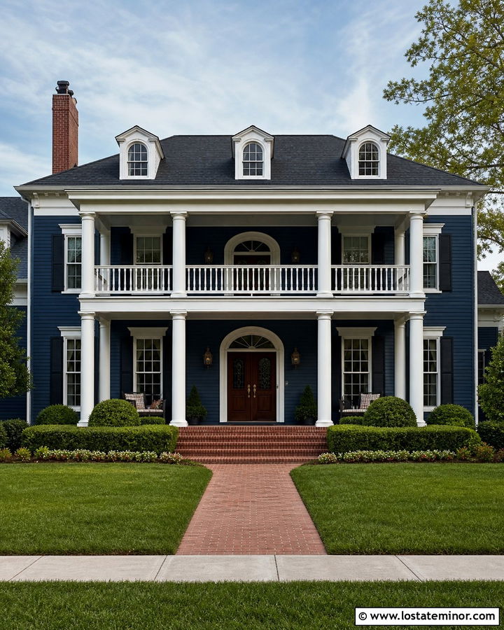 Navy Blue House With Two Story Porch Columns - 30 Navy Blue House Design With Porch Columns Ideas