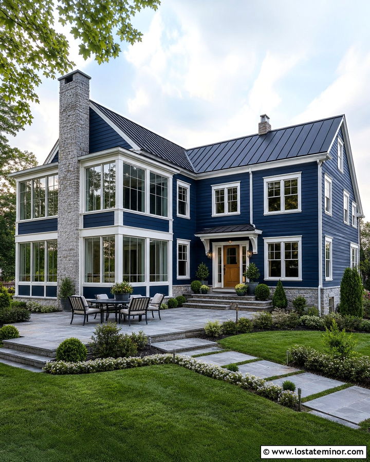 Navy Blue House With Two Story Sunroom - 30 Navy Blue House Design With Sunroom Ideas