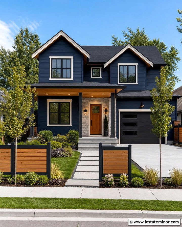 Navy Blue House With Two Tone Fence - 30 Navy Blue House Design With Fence Ideas