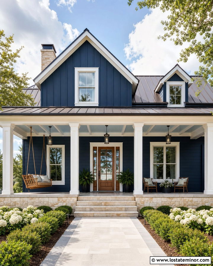 Navy Blue House With Two Tone Porch Ceiling - 30 Navy Blue House Design With Porch Ceiling Ideas