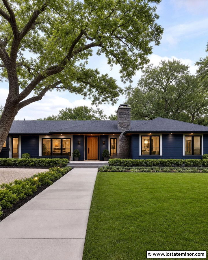 Navy Blue House With Under Eave Lighting - 30 Navy Blue House Design With Lighting Ideas