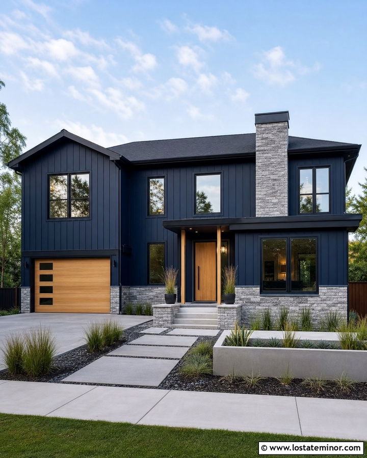 Navy Blue House With Vertical Stone Wainscoting - 30 Navy Blue House Design With Wainscoting Ideas