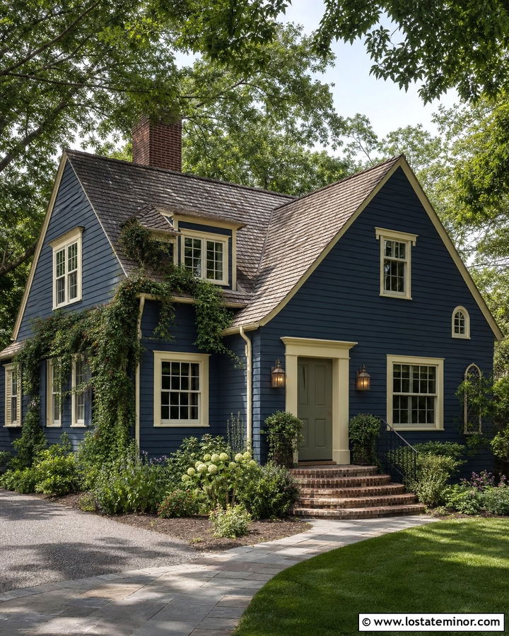 Navy Blue House With Vintage Wall Lanterns - 30 Navy Blue House Design With Lighting Ideas