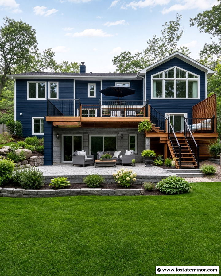 Navy Blue House With Walkout Basement Patio - 30 Navy Blue House Design With Backyard Ideas