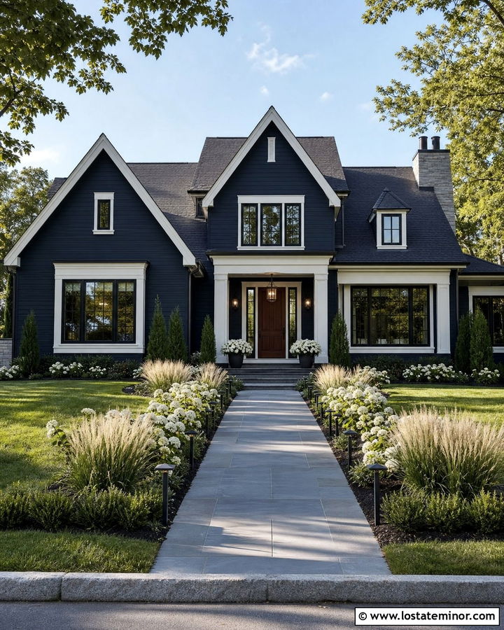 Navy Blue House With Walkway Lighting - 30 Navy Blue House Design With Walkway Ideas