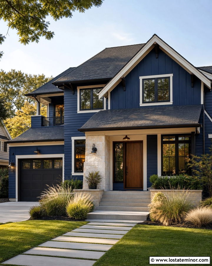 Navy Blue House With Walnut Front Door - 30 Navy Blue House Design With Entry Door Ideas