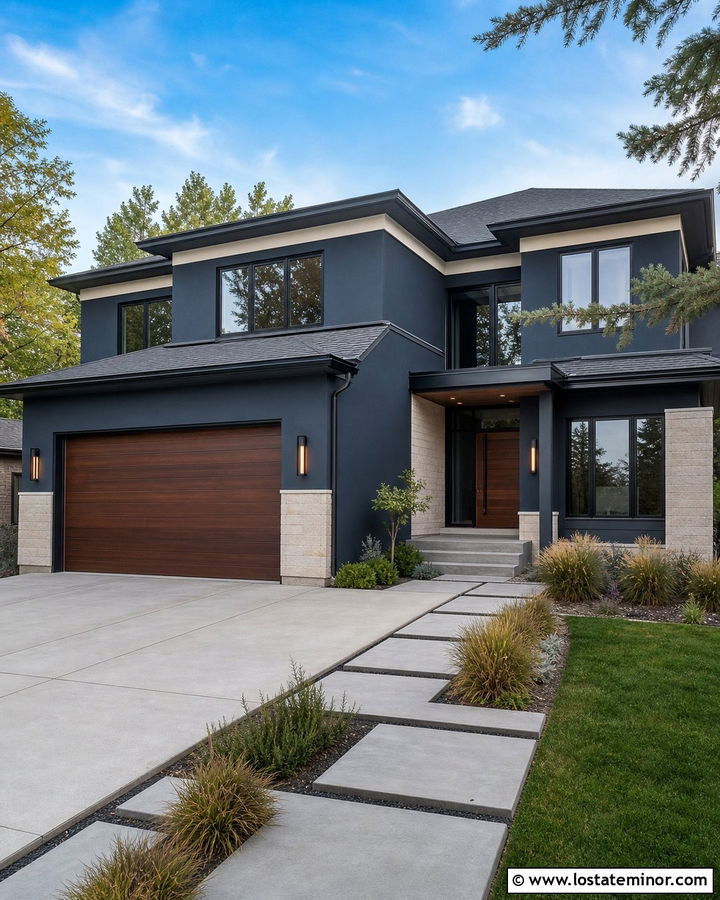 Navy Blue House With Walnut Garage Door - 30 Navy Blue House Design With Garage Door Ideas