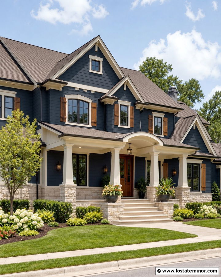 Navy Blue House With Warm White Porch Ceiling - 30 Navy Blue House Design With Porch Ceiling Ideas