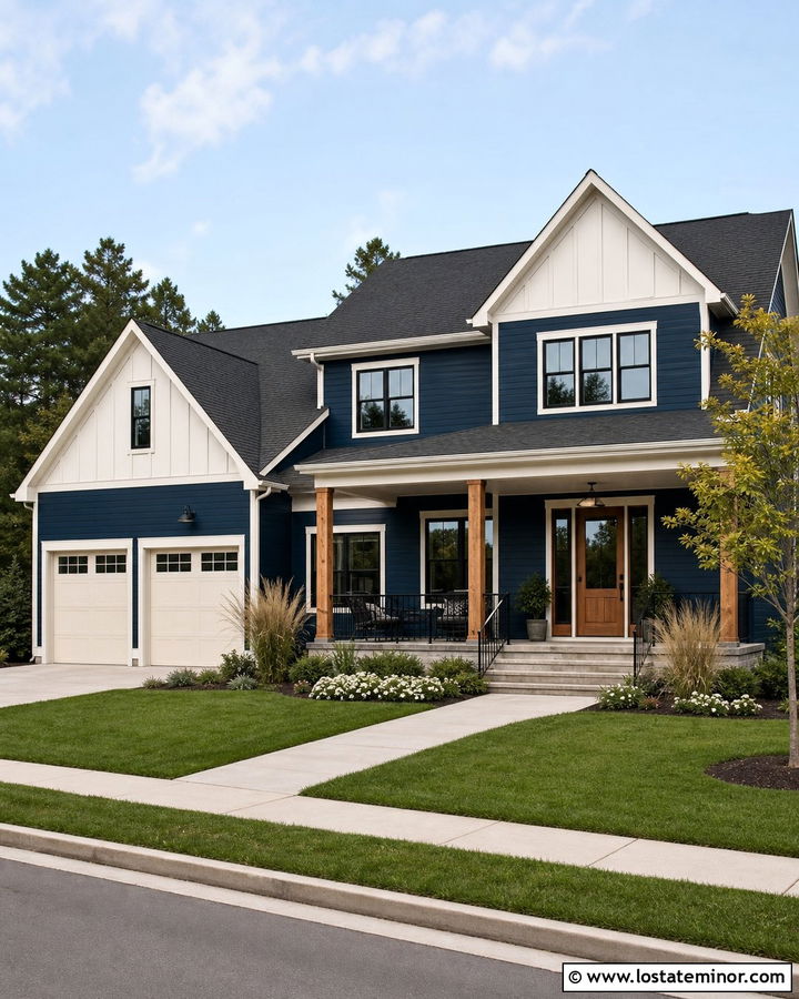 Navy Blue House With Warm White Trim - 30 Navy Blue House Design With Trim Ideas