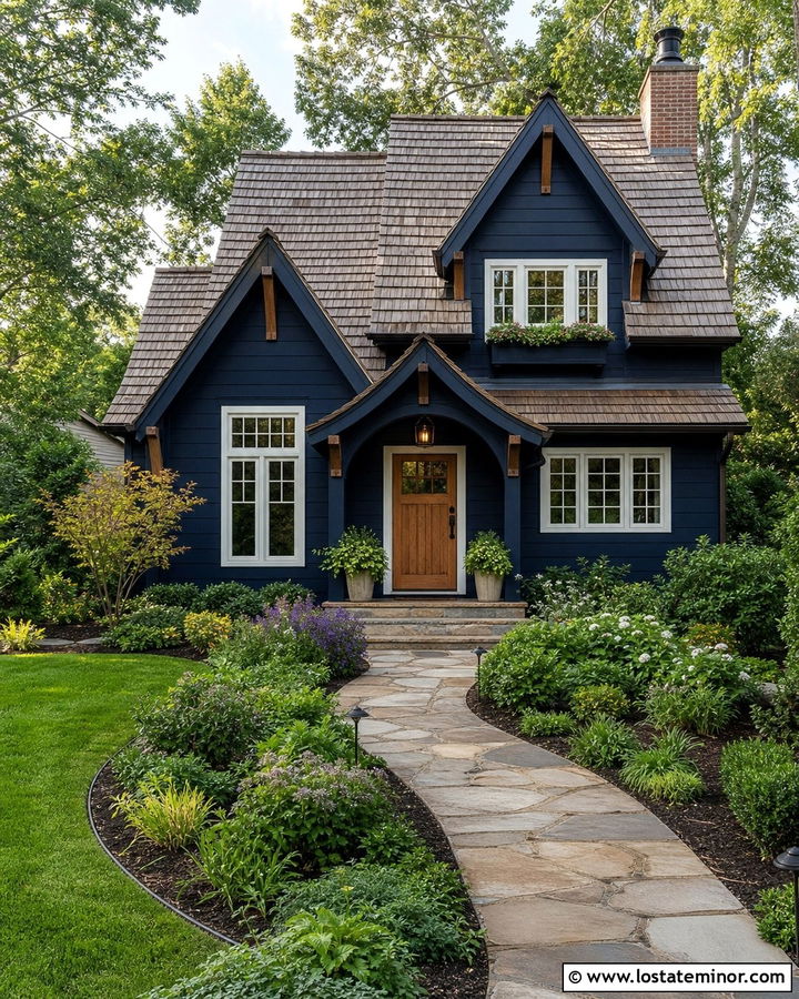 Navy Blue House With Weathered Wood Roof And White Windows - 30 Navy Blue House Design With Accents Ideas