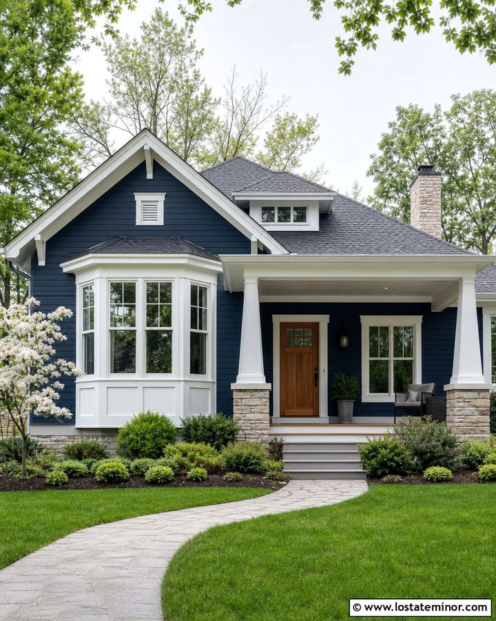 Navy Blue House With White Bay Windows - 30 Navy Blue House Design With Window Frames Ideas