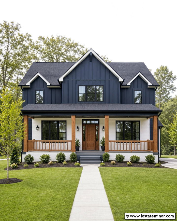 Navy Blue House With White Brick And Cedar Railings - 30 Navy Blue House Design With Railings Ideas