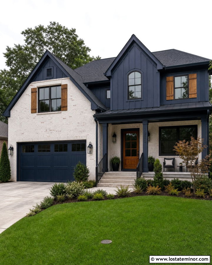 Navy Blue House With White Brick And Wood Shutters - 30 Navy Blue House Design With Accents Ideas