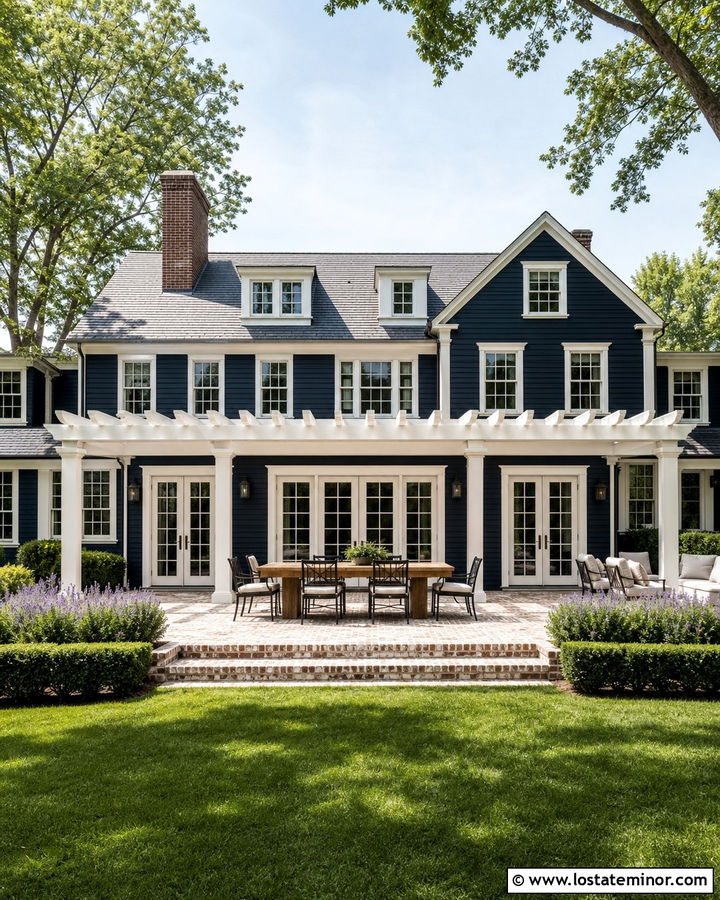 Navy Blue House With White Brick Patio - 30 Navy Blue House Design With Backyard Ideas