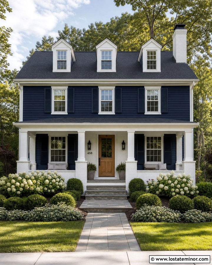 Navy Blue House With White Brick Porch - 30 Navy Blue House Design With Front Porch Ideas