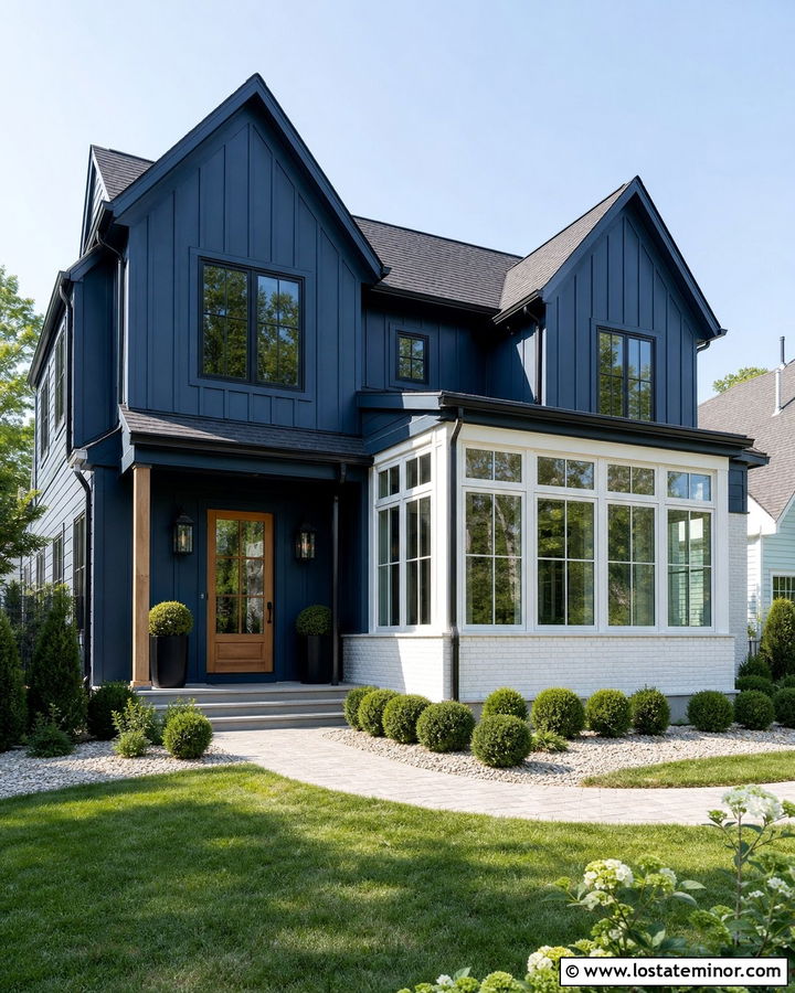 Navy Blue House With White Brick Sunroom - 30 Navy Blue House Design With Sunroom Ideas