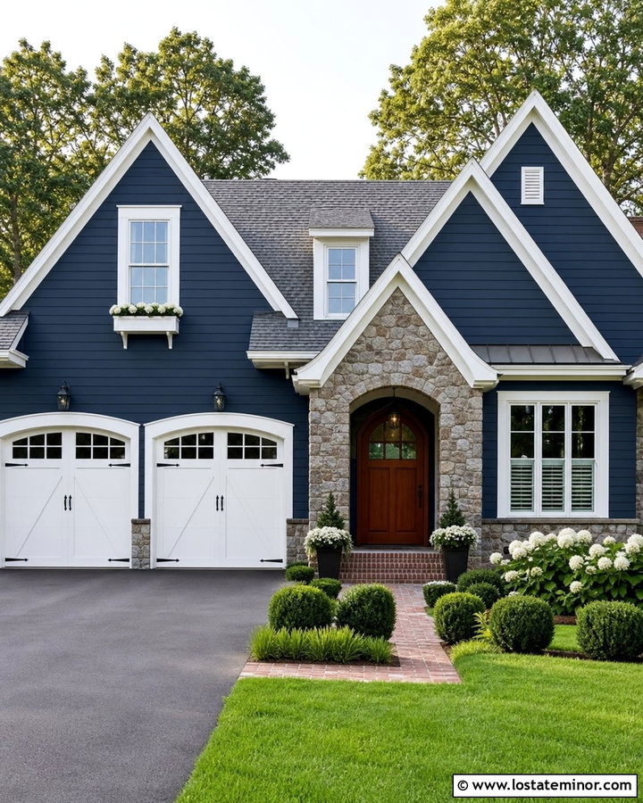 Navy Blue House With White Carriage Garage Door - 30 Navy Blue House Design With Garage Door Ideas