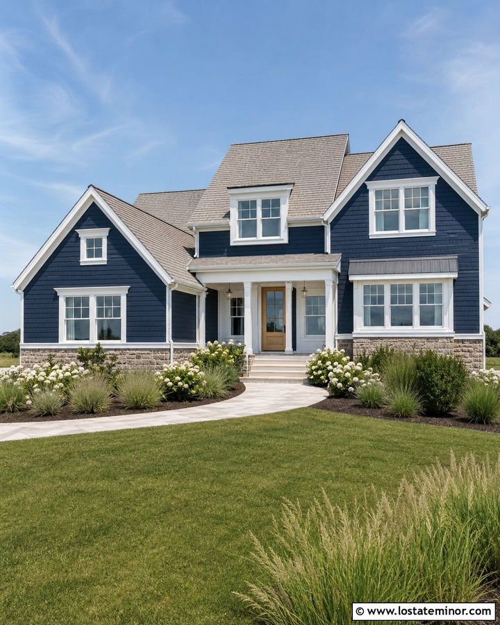 Navy Blue House With White Coastal Lanterns - 30 Navy Blue House Design With Lighting Ideas