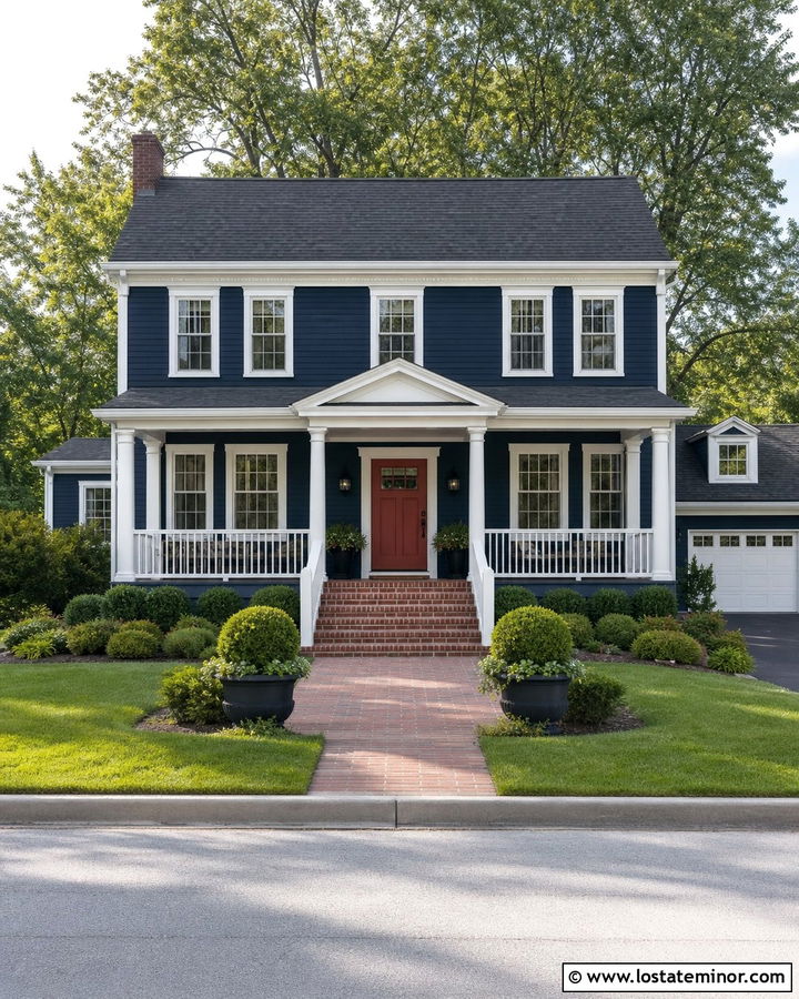 Navy Blue House With White Columns And Red Door - 30 Navy Blue House Design With Porch Columns Ideas