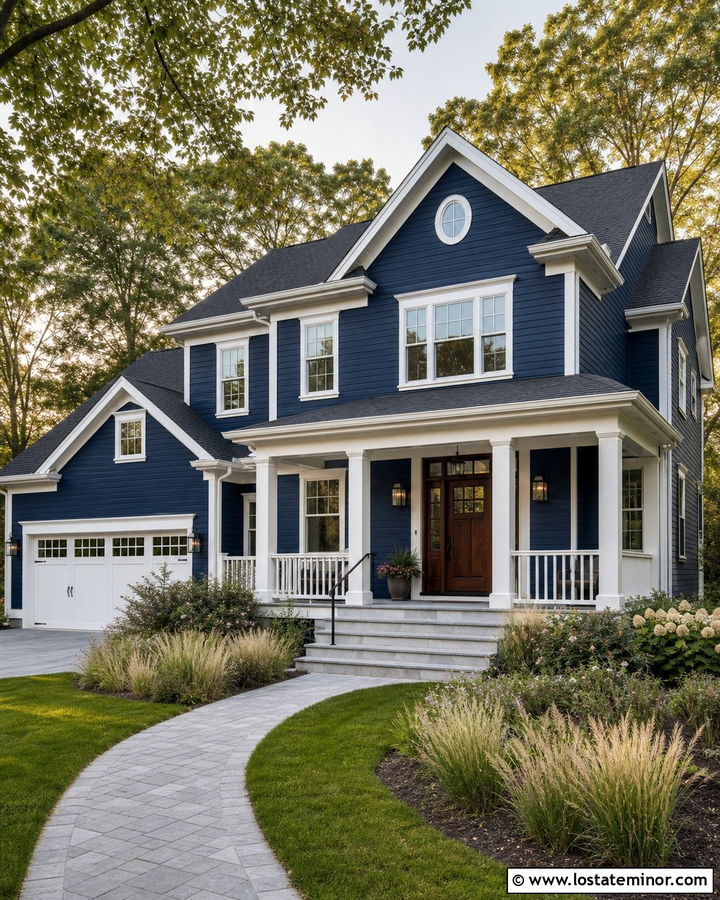 Navy Blue House With White Columns And Wood Door - 30 Navy Blue House Design With Porch Columns Ideas