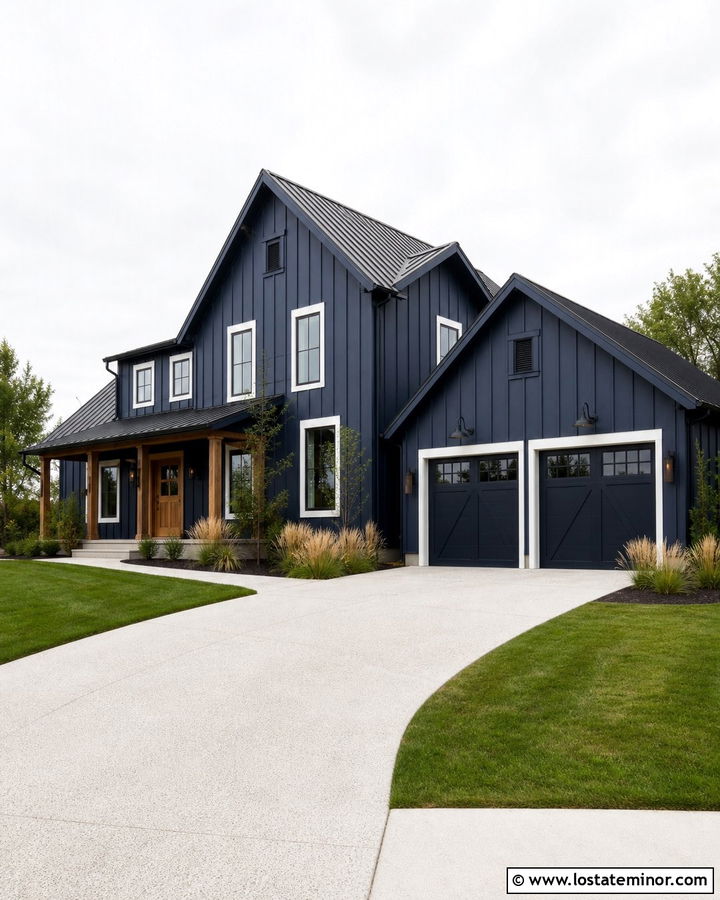 Navy Blue House With White Concrete Driveway - 30 Navy Blue House Design With Driveway Ideas