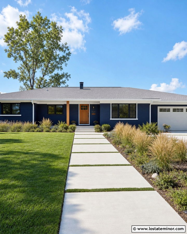 Navy Blue House With White Concrete Walkway - 30 Navy Blue House Design With Walkway Ideas