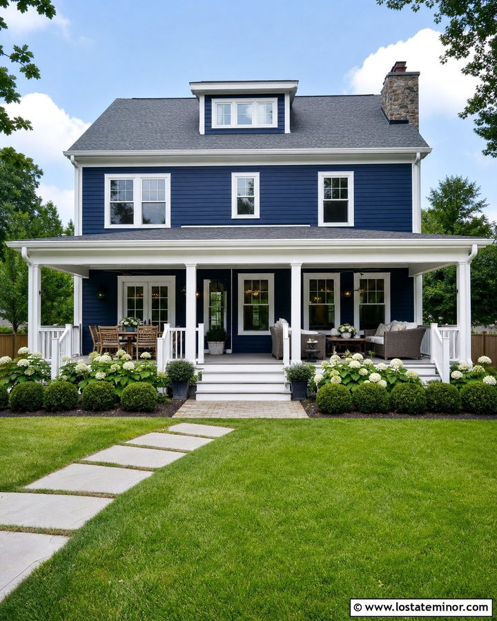 Navy Blue House With White Covered Porch - 30 Navy Blue House Design With Backyard Ideas