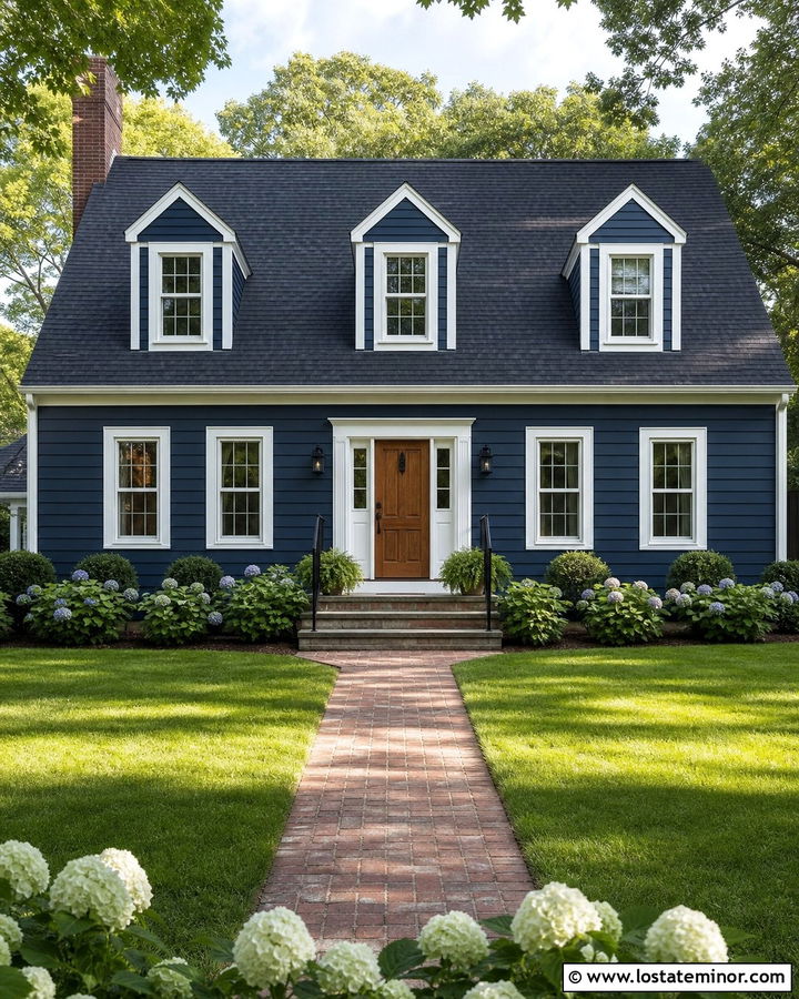 Navy Blue House With White Dormer Window Frames - 30 Navy Blue House Design With Window Frames Ideas