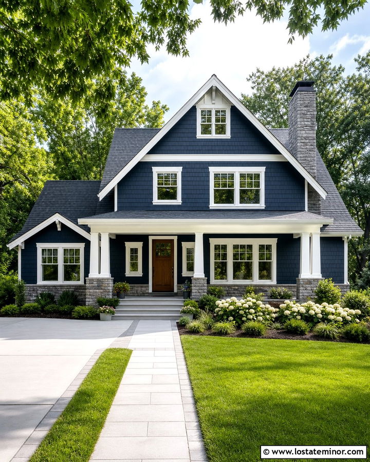 Navy Blue House With White Frames And Gray Stone - 30 Navy Blue House Design With Window Frames Ideas