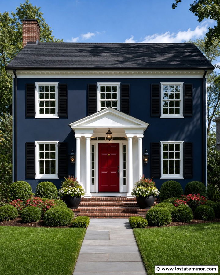 Navy Blue House With White Frames And Red Door - 30 Navy Blue House Design With Window Frames Ideas
