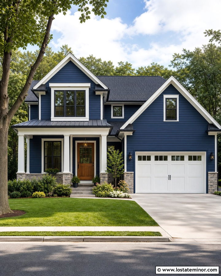 Navy Blue House With White Garage And Dark Trim - 30 Navy Blue House Design With Trim Ideas