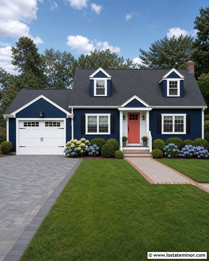 Navy Blue House With White Garage Door And Paver Driveway - 30 Navy Blue House Design With Driveway Ideas