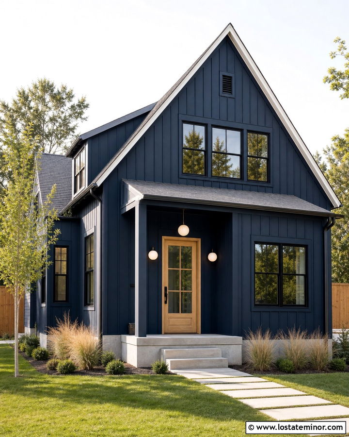 Navy Blue House With White Globe Lights - 30 Navy Blue House Design With Light Fixtures Ideas