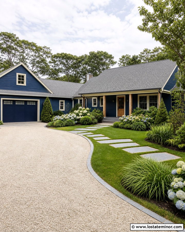 Navy Blue House With White Gravel Driveway - 30 Navy Blue House Design With Driveway Ideas