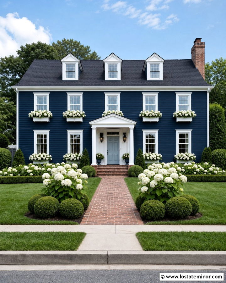 Navy Blue House With White Hydrangea Window Boxes - 30 Navy Blue House Design With Window Boxes Ideas