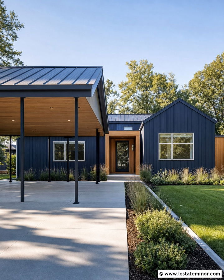 Navy Blue House With White Oak Carport Ceiling - 30 Navy Blue House Design With Carport Ideas