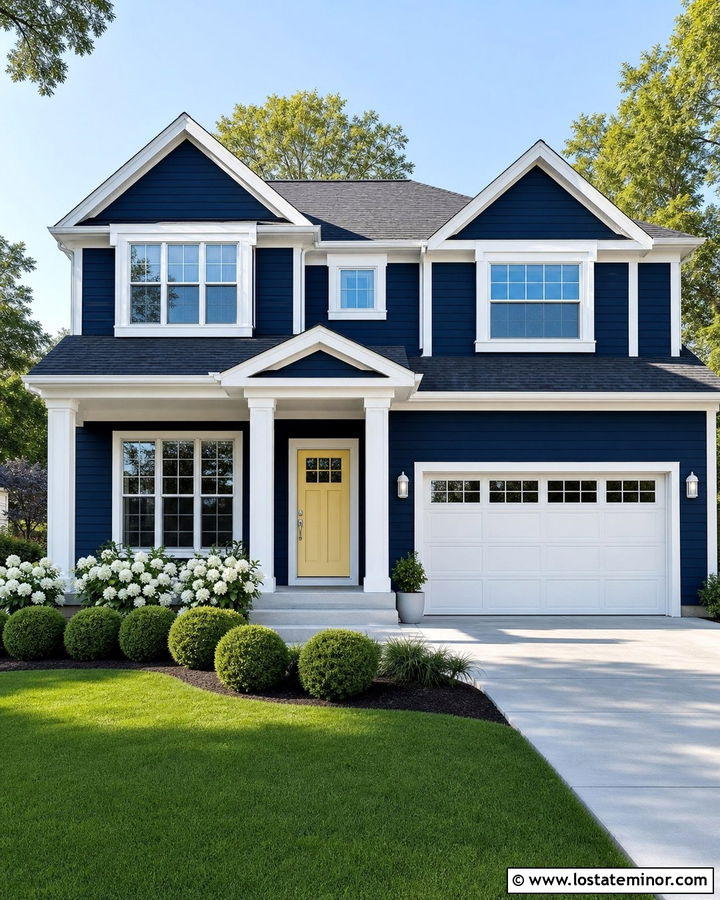 Navy Blue House With White Outdoor Sconces - 30 Navy Blue House Design With Light Fixtures Ideas