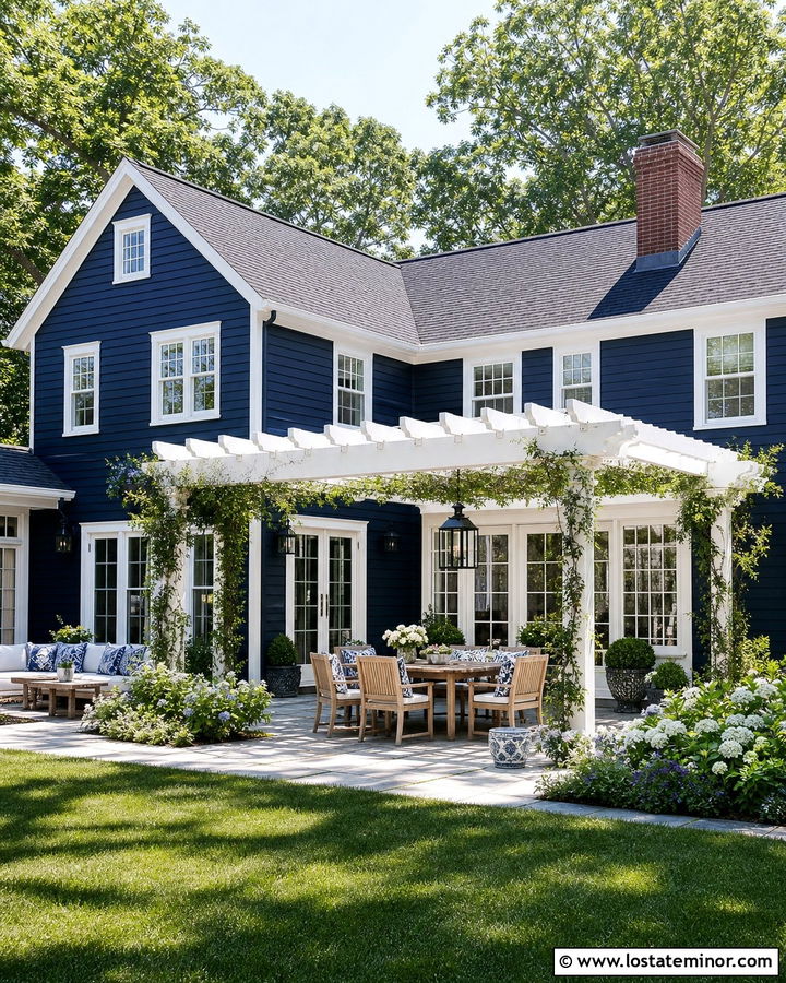 Navy Blue House With White Pergola - 30 Navy Blue House Design With Backyard Ideas