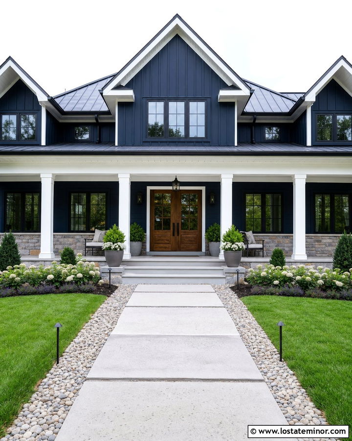 Navy Blue House With White Plank Porch Ceiling - 30 Navy Blue House Design With Porch Ceiling Ideas