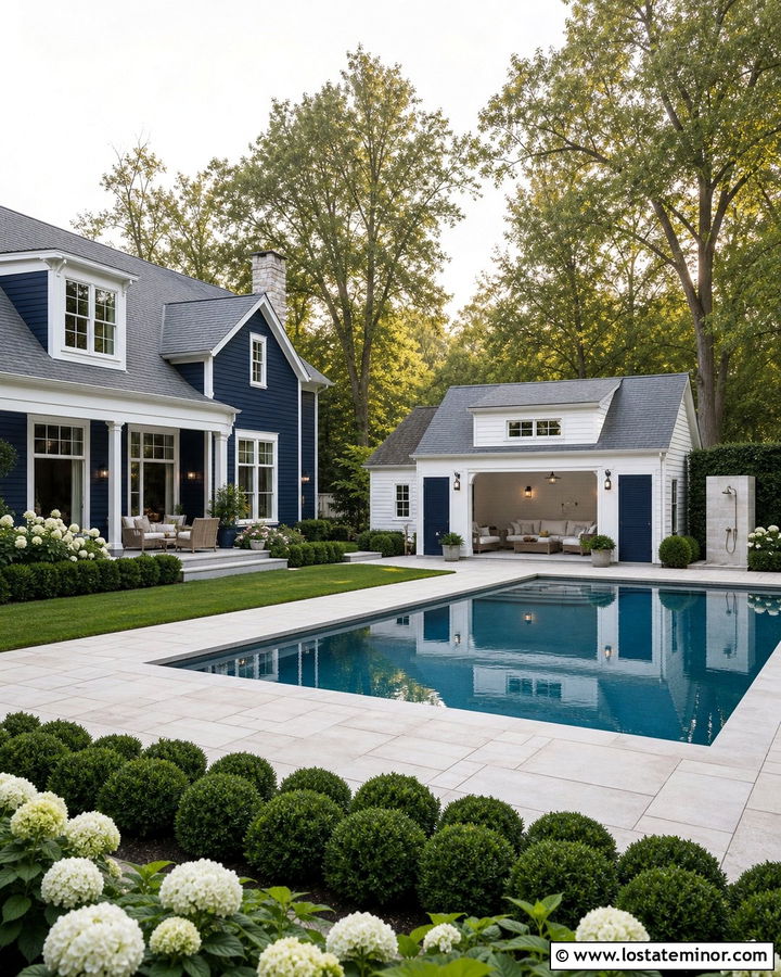 Navy Blue House With White Pool Cabana - 30 Navy Blue House Design With Swimming Pool Ideas