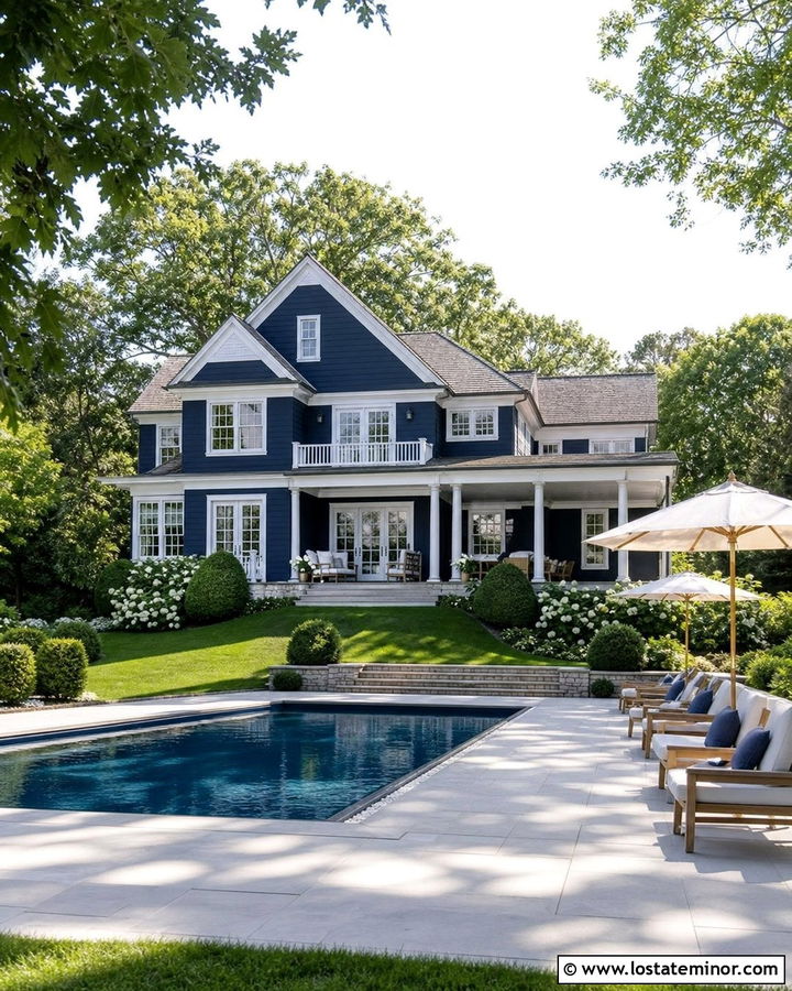 Navy Blue House With White Pool Deck - 30 Navy Blue House Design With Swimming Pool Ideas
