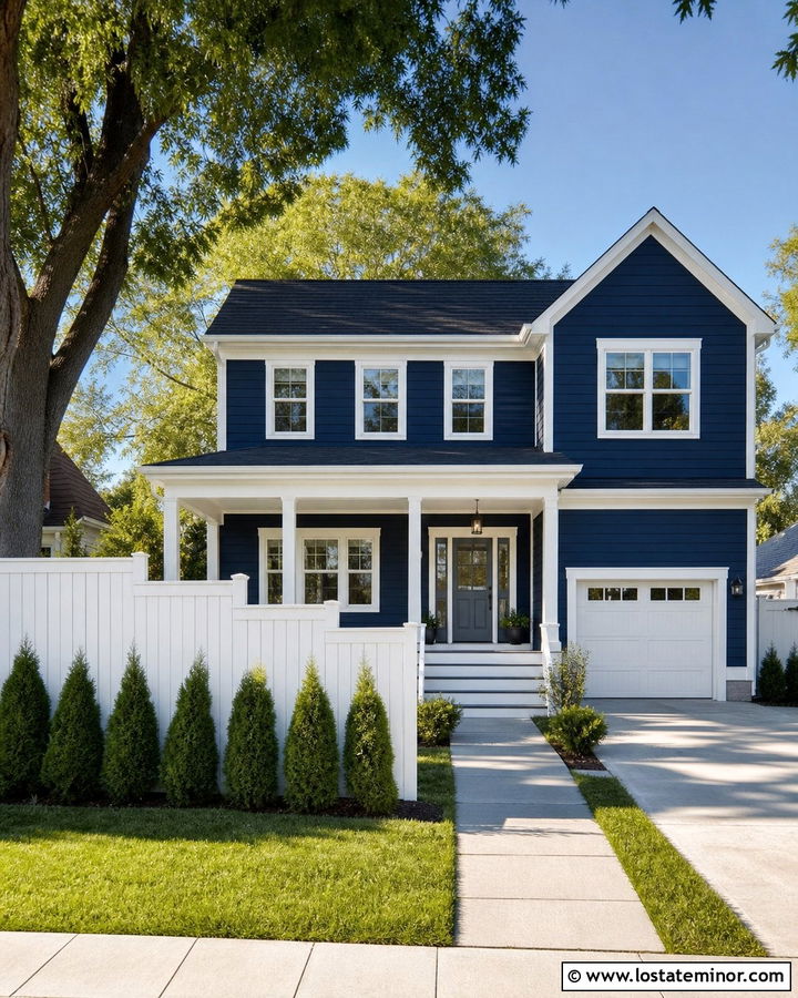 Navy Blue House With White Privacy Fence - 30 Navy Blue House Design With Fence Ideas