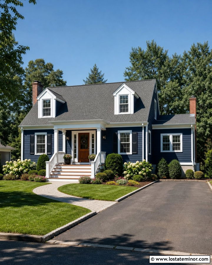Navy Blue House With White Railing Deck - 30 Navy Blue House Design With Deck Ideas