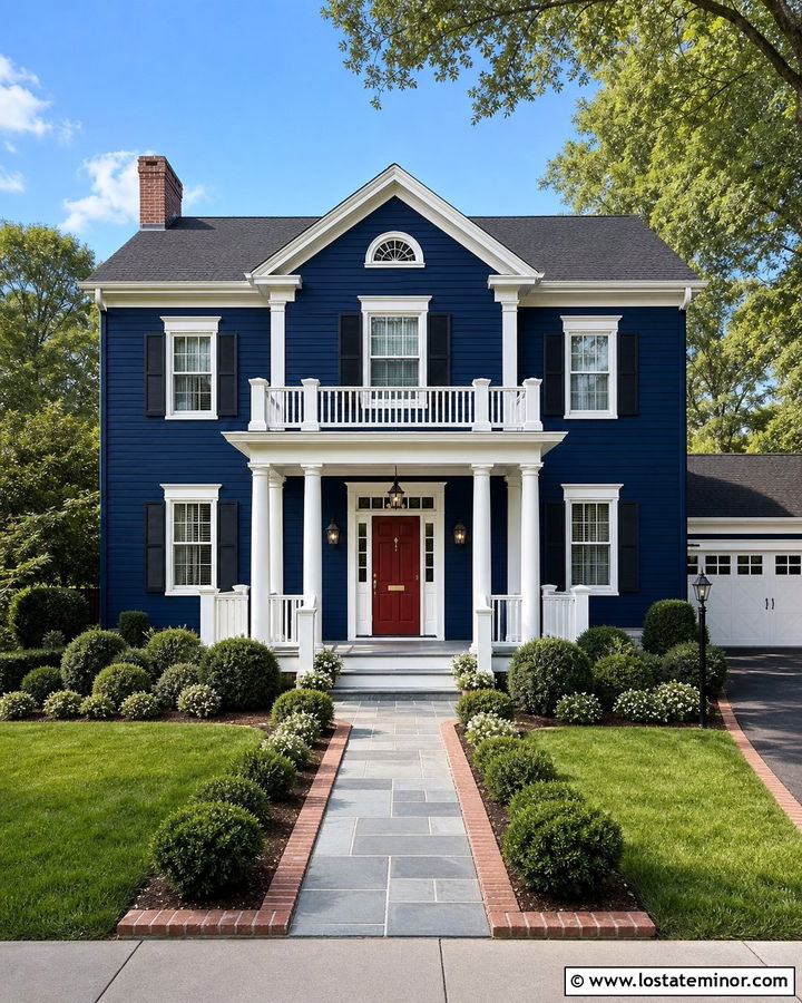 Navy Blue House With White Railings And Red Door - 30 Navy Blue House Design With Railings Ideas