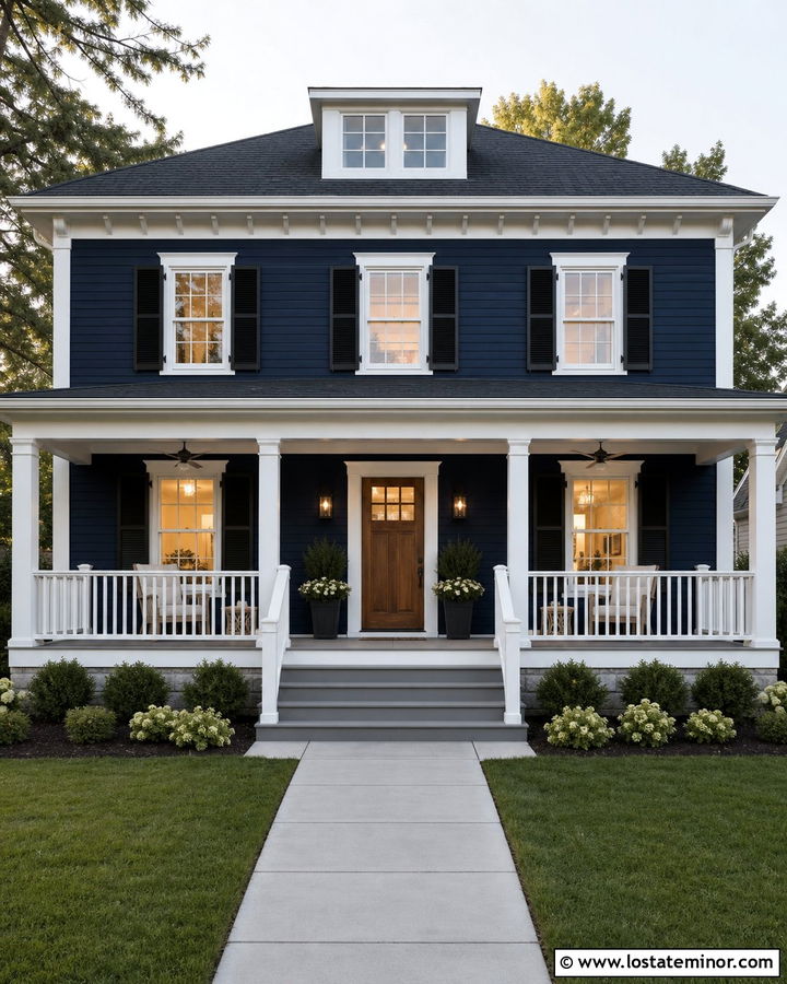 Navy Blue House With White Railings - 30 Navy Blue House Design With Front Porch Ideas