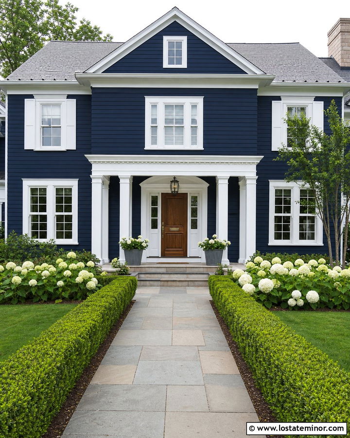 Navy Blue House With White Trim And Boxwood Hedges - 30 Navy Blue House Design With Landscaping Ideas